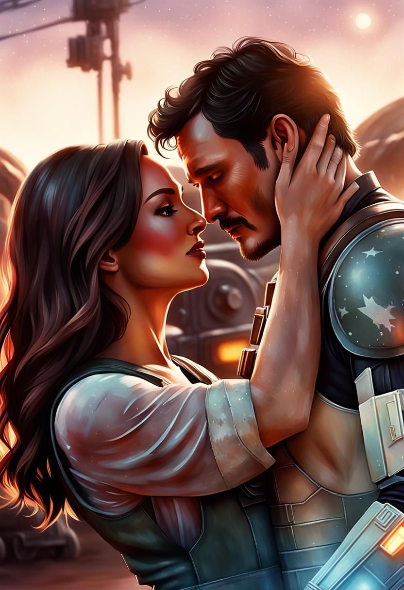 Mandalorian and Mechanic Embrace in Sci-Fi Illustration