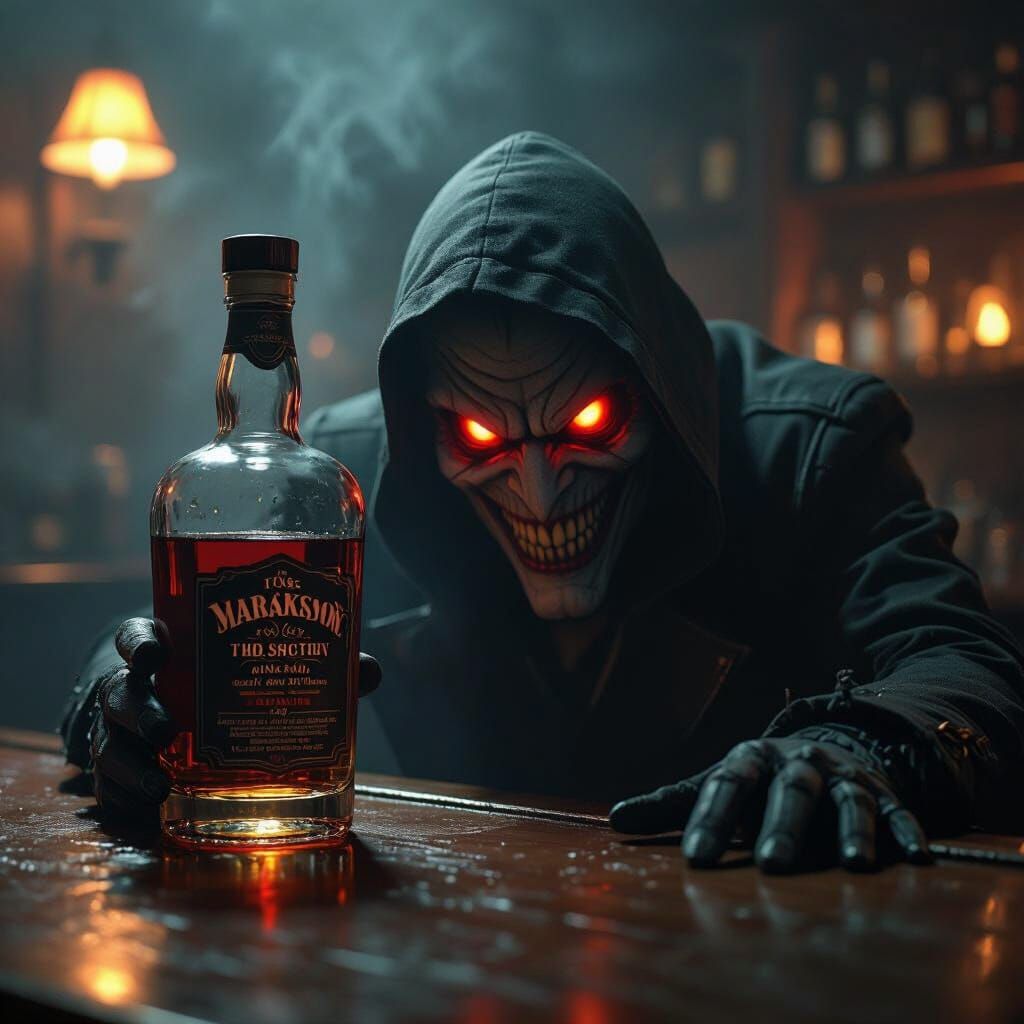 Sinister Whiskey Bottle in Gothic Bar, Dark Art