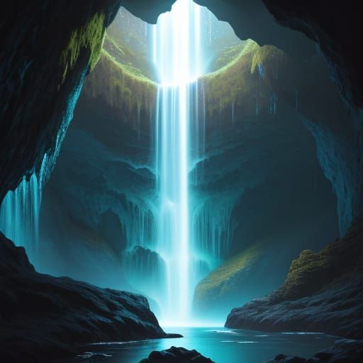 Bioluminescent Cave Waterfall in Photographic Style