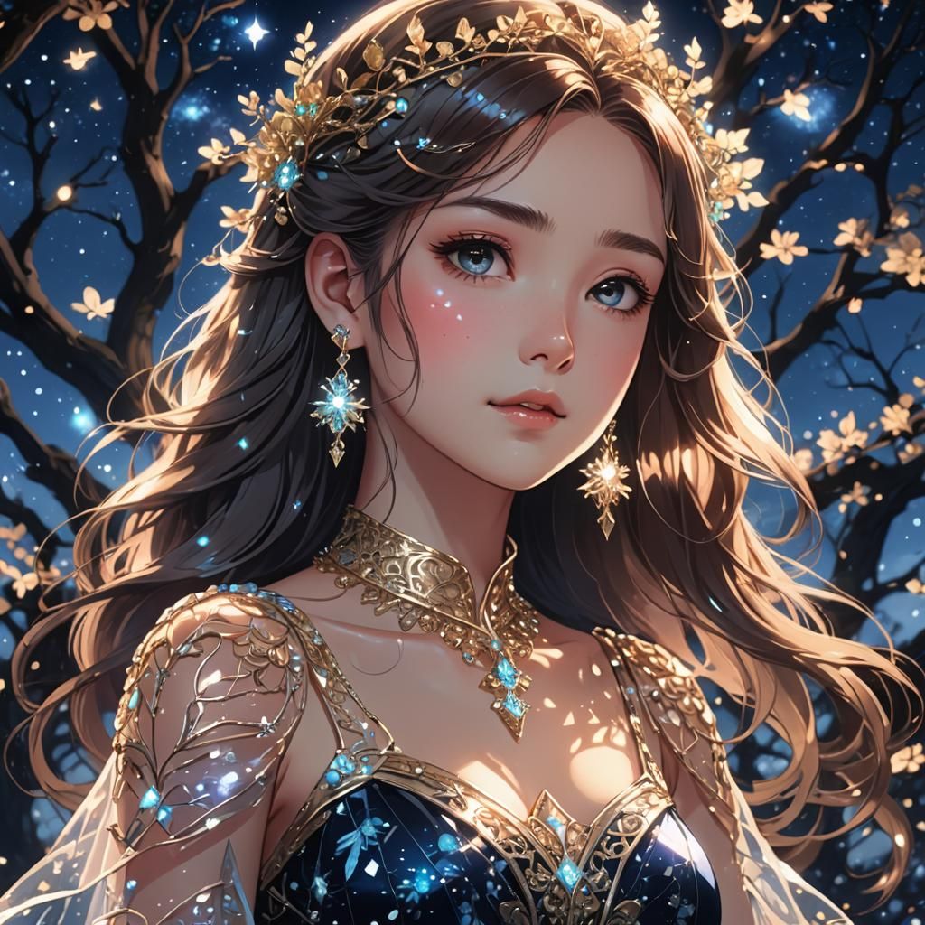 Princess in Transparent Dress with Glowing Jewelry