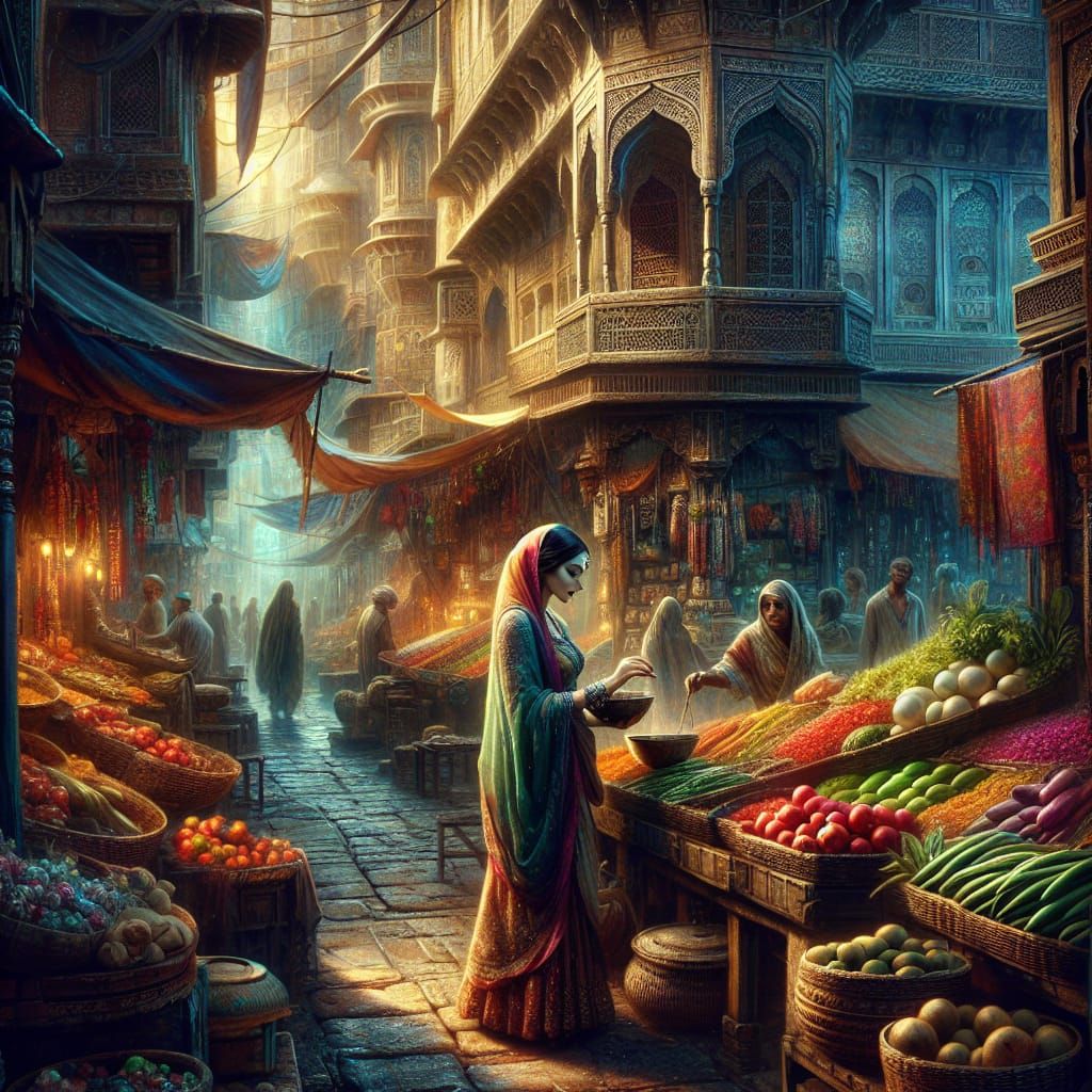 Elegant Woman Shopping at Indian Vegetable Market