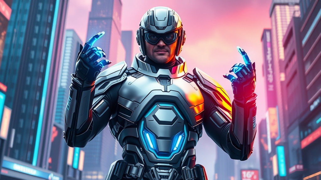 Futuristic Superhero in High-Tech Armored Suit