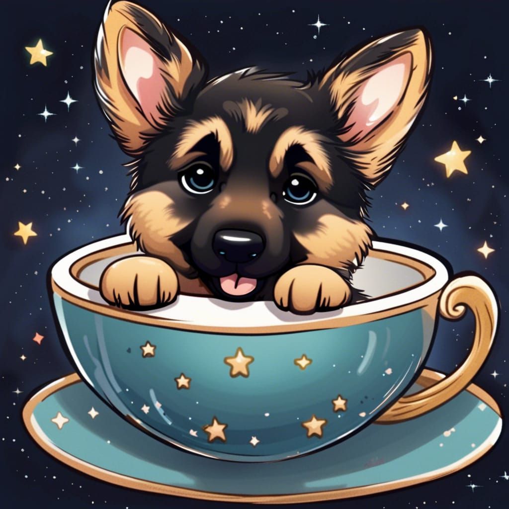 Cartoon German Shepherd Puppy in Teacup in Space
