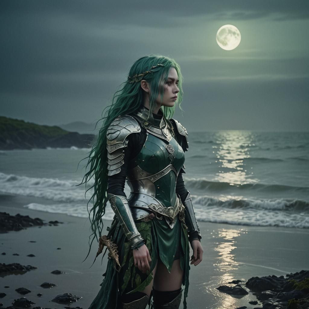 Fantasy Woman in Shell Armor at Misty Ocean