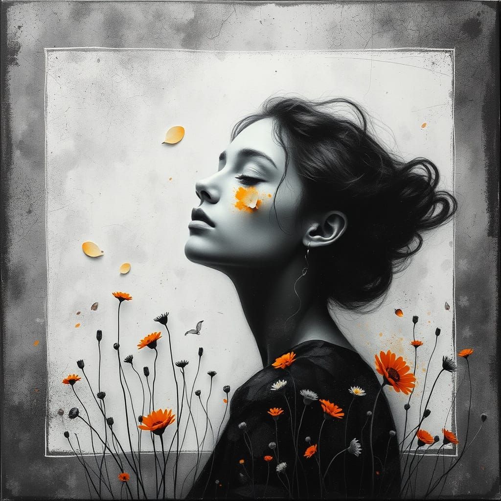 Ethereal Dreamer in Windswept Meadow: Charcoal Portrait