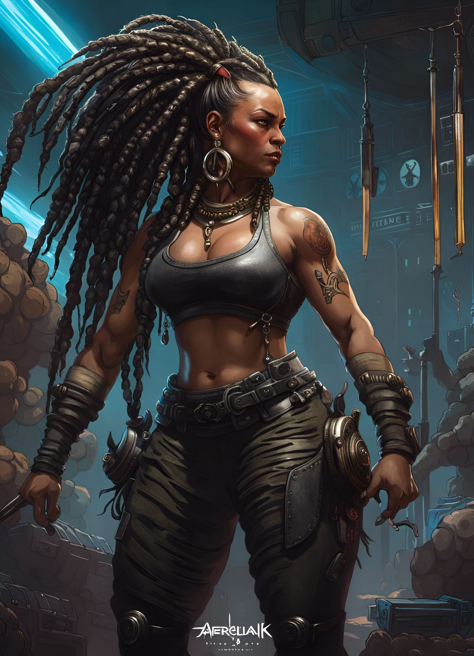 Cyberpunk Bodybuilder in Concrete Jungle: Crayon Caricature