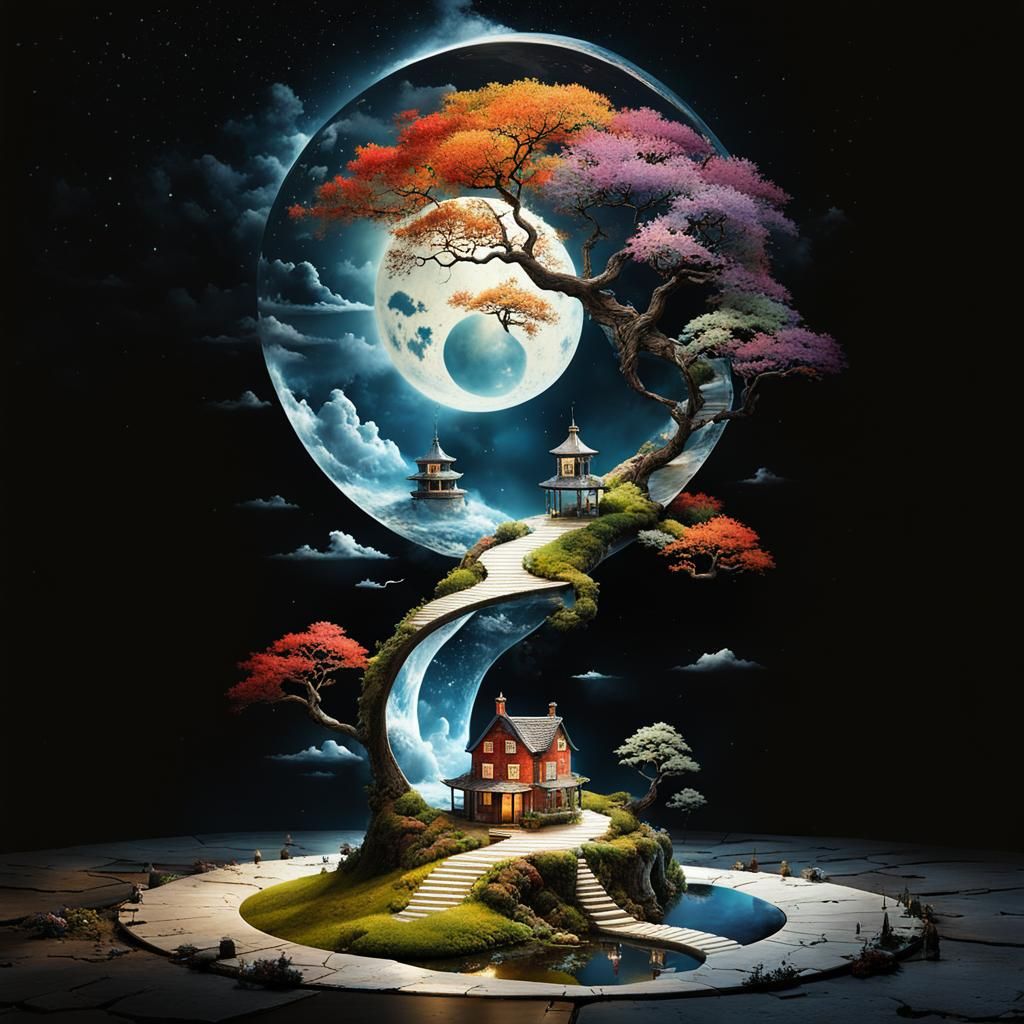 Surreal Stargate Scene with Bonsai and Victorian Houses