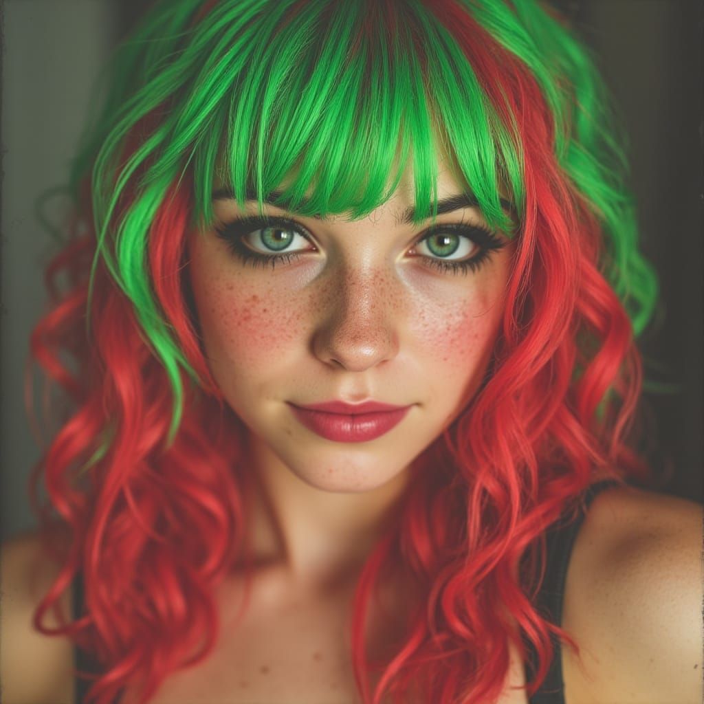 Playful Woman with Vibrant Watermelon Hair