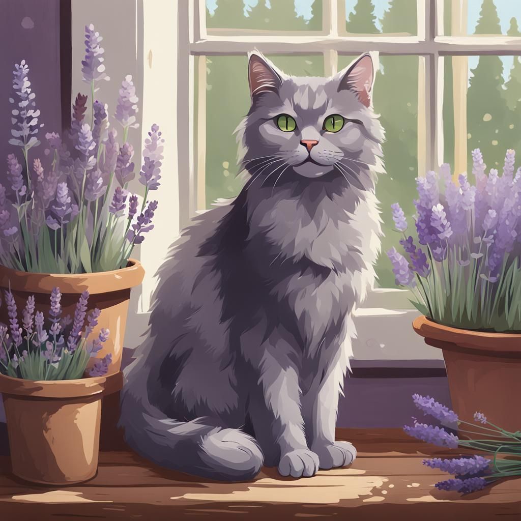 Gray Cat with Lavender on Windowsill