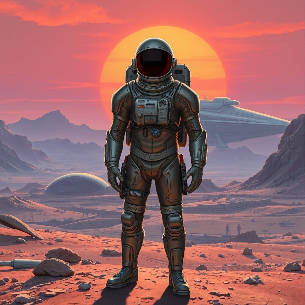Heroic Astronaut in Retro-Futuristic Landscape