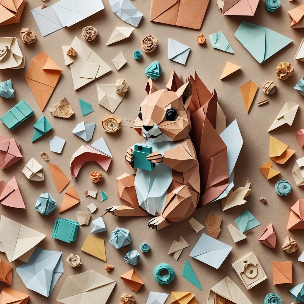 Origami Squirrel with Phone in Papercraft Style