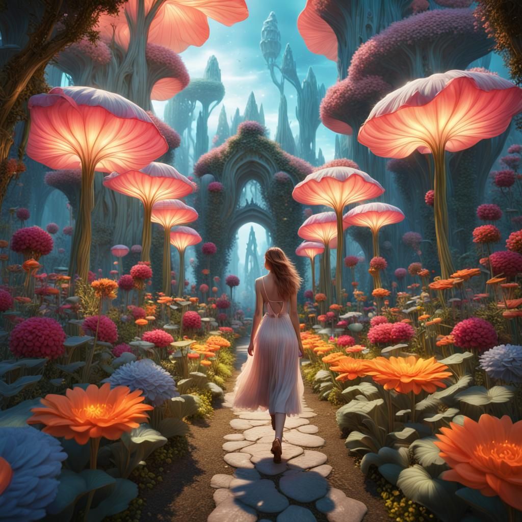 Woman in a Fairy Tale Garden: Fantasy Concept Art