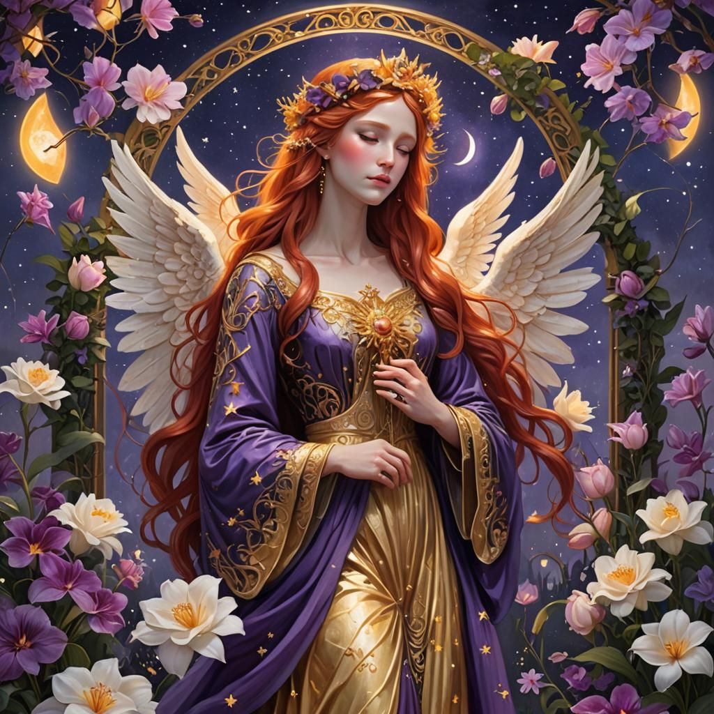 Sorrowful Angel in Night Garden with Roses