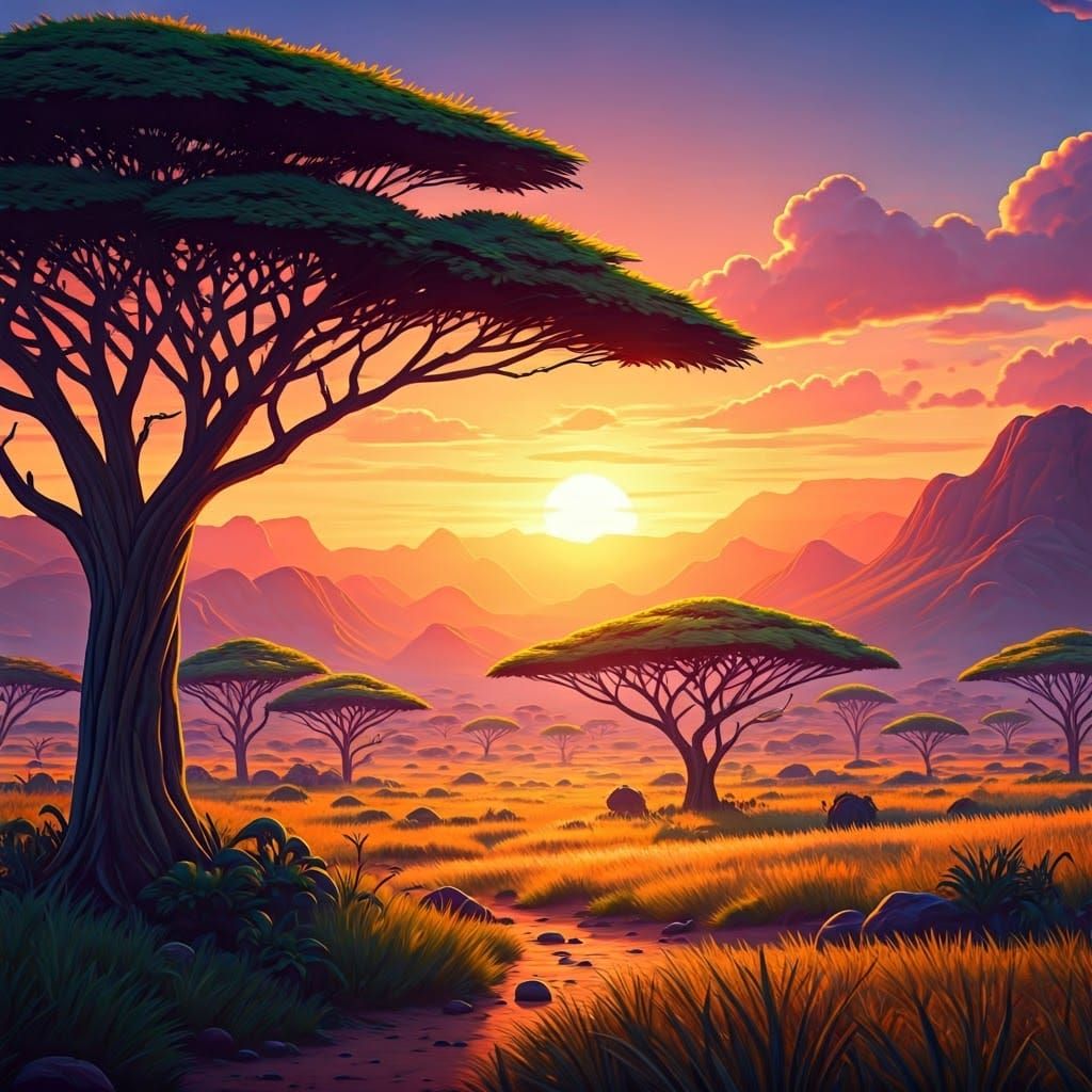 Savannah Landscape at Sunset in Vibrant Digital Art Style