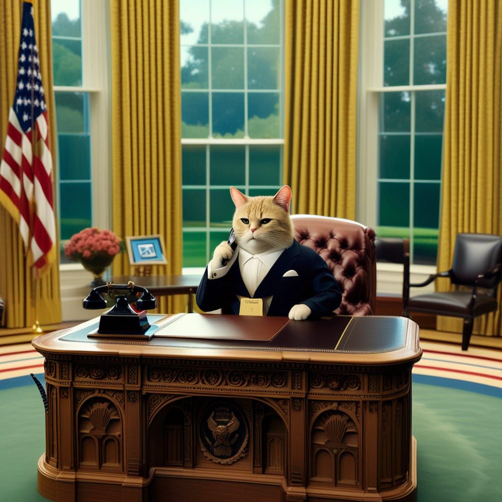 Anthropomorphic Cat as US President in Oval Office