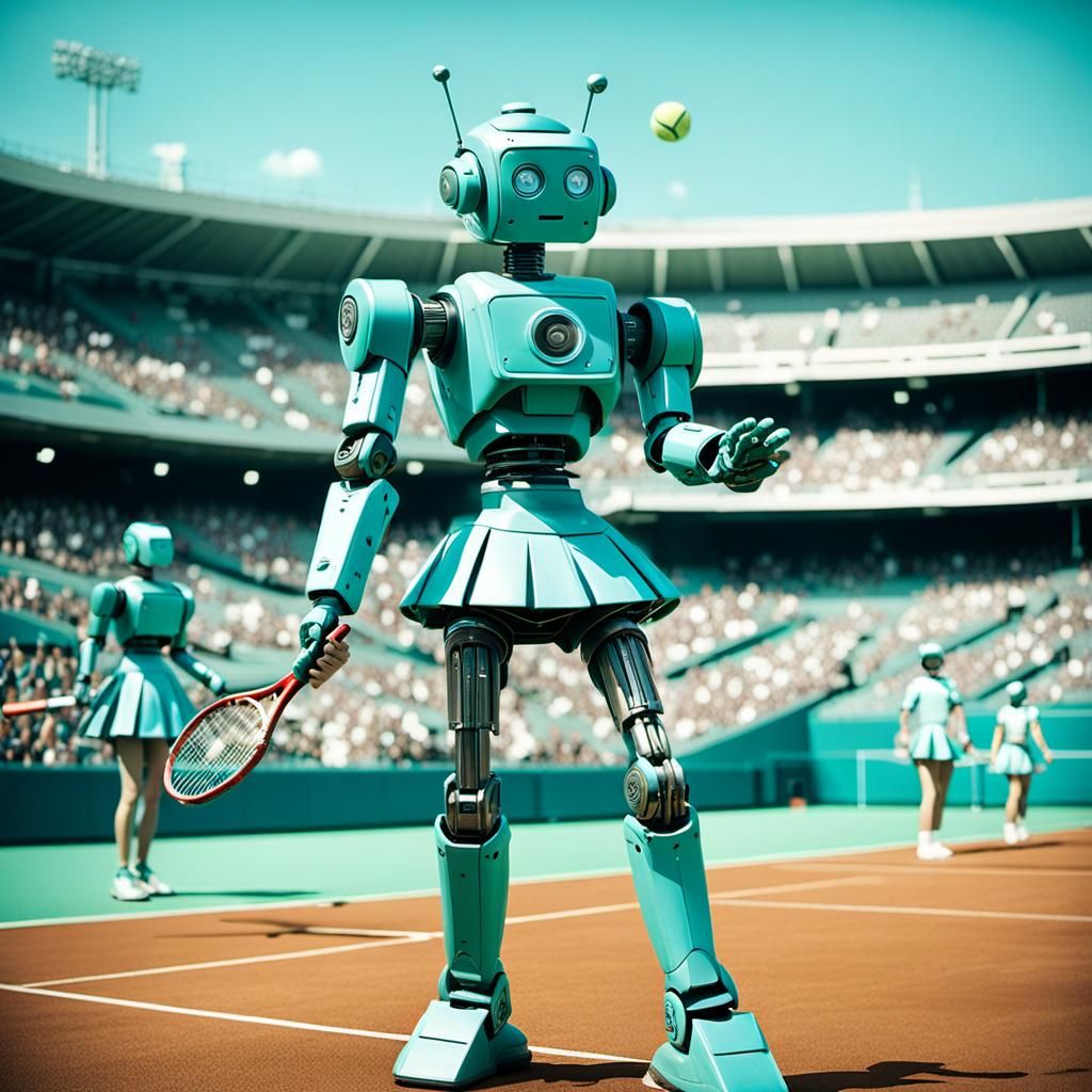 1950s Robots Play Tennis in Stadium