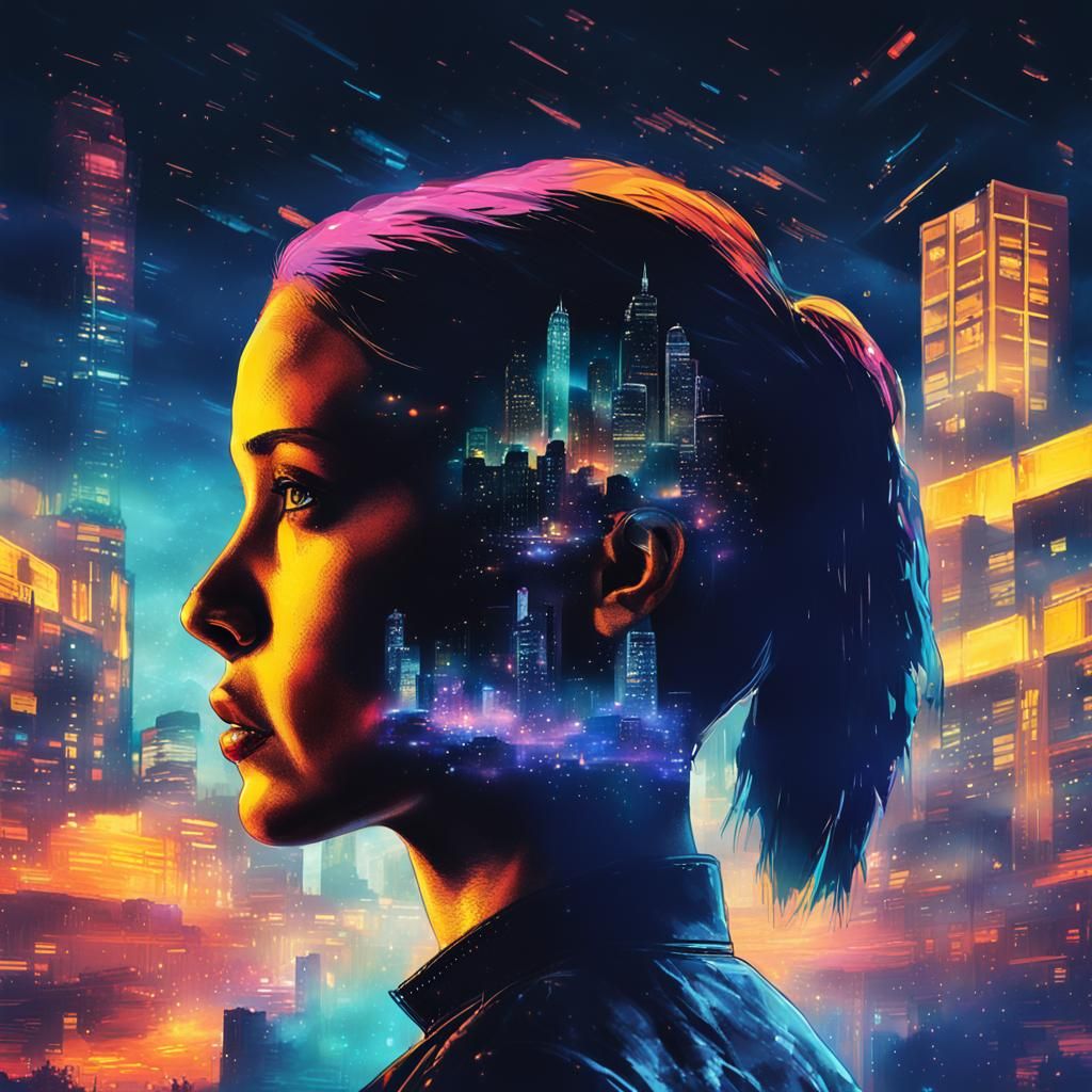 Female Silhouette Double Exposure in Cyberpunk Style