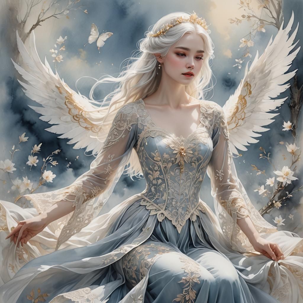 Ethereal Girl in Lace: Ink Wash Painting