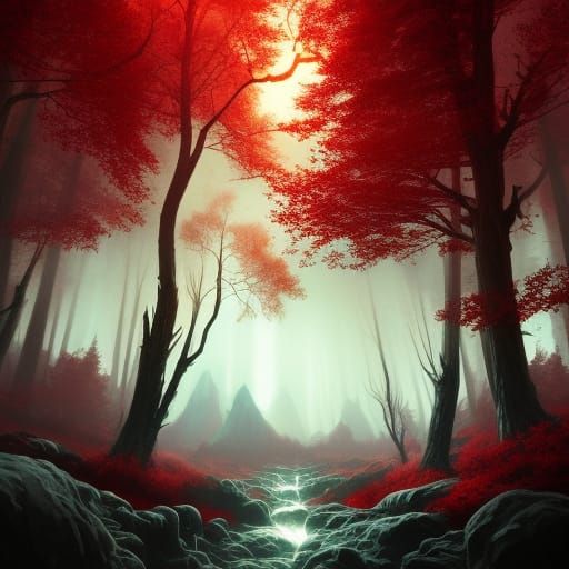 Glowing Red Forest Sunset: Dark Fantasy Art