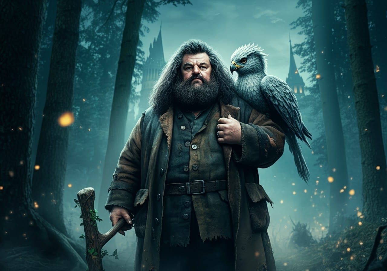Hagrid in Mystical Forest with Hippogriff