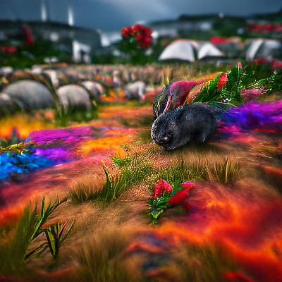 Rabbit in Flower Field Before Approaching Storm