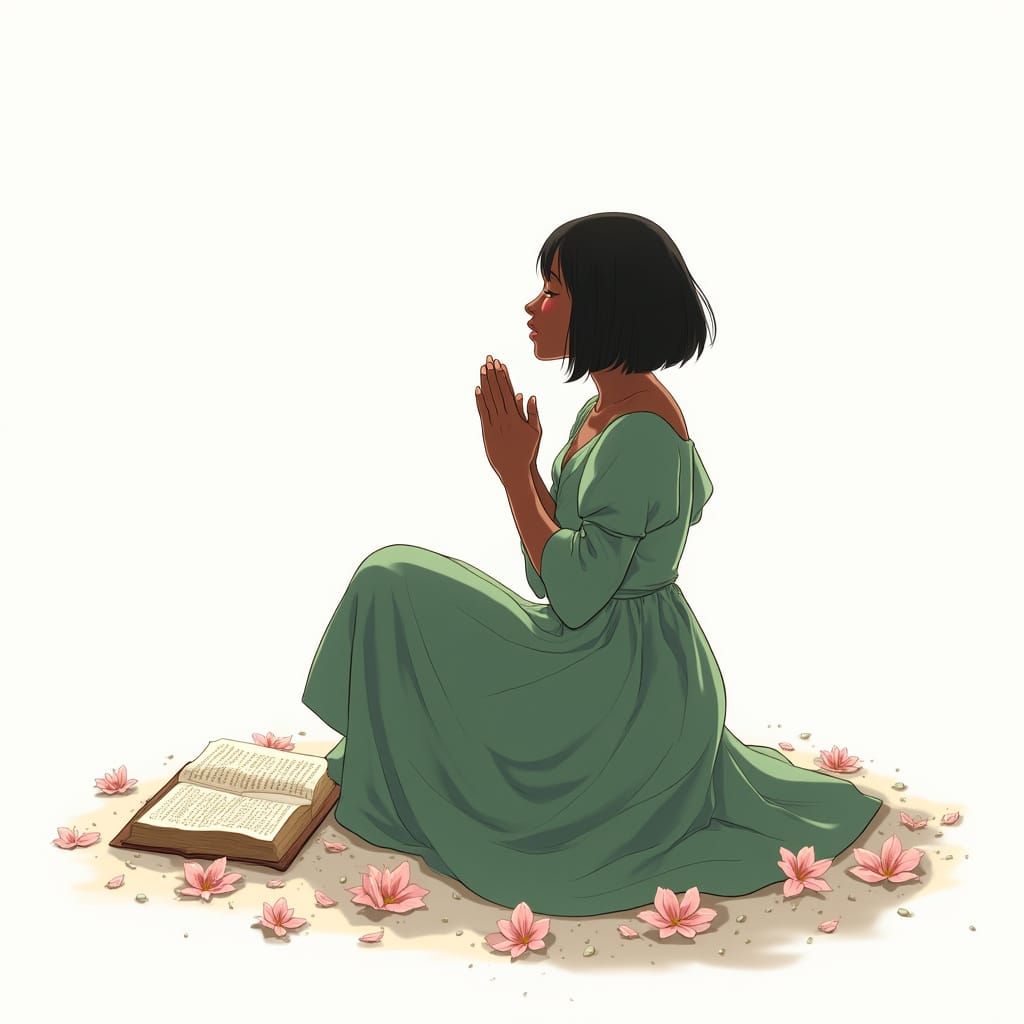 Woman in Prayer Surrounded by Pink Florals, Manga Style