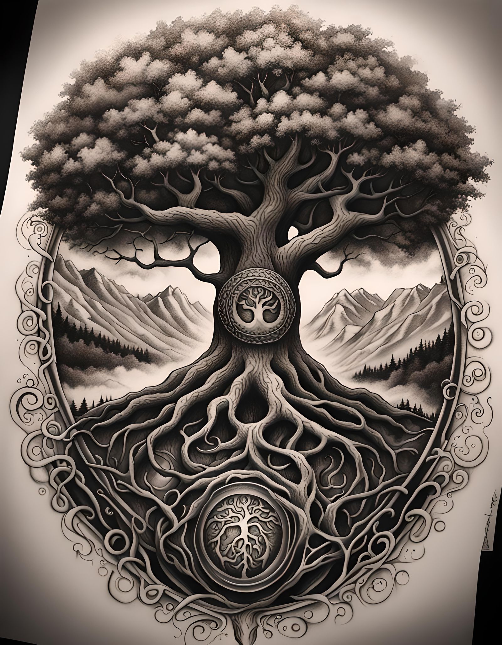 Detailed Charcoal Drawing of Yggdrasil Tattoo