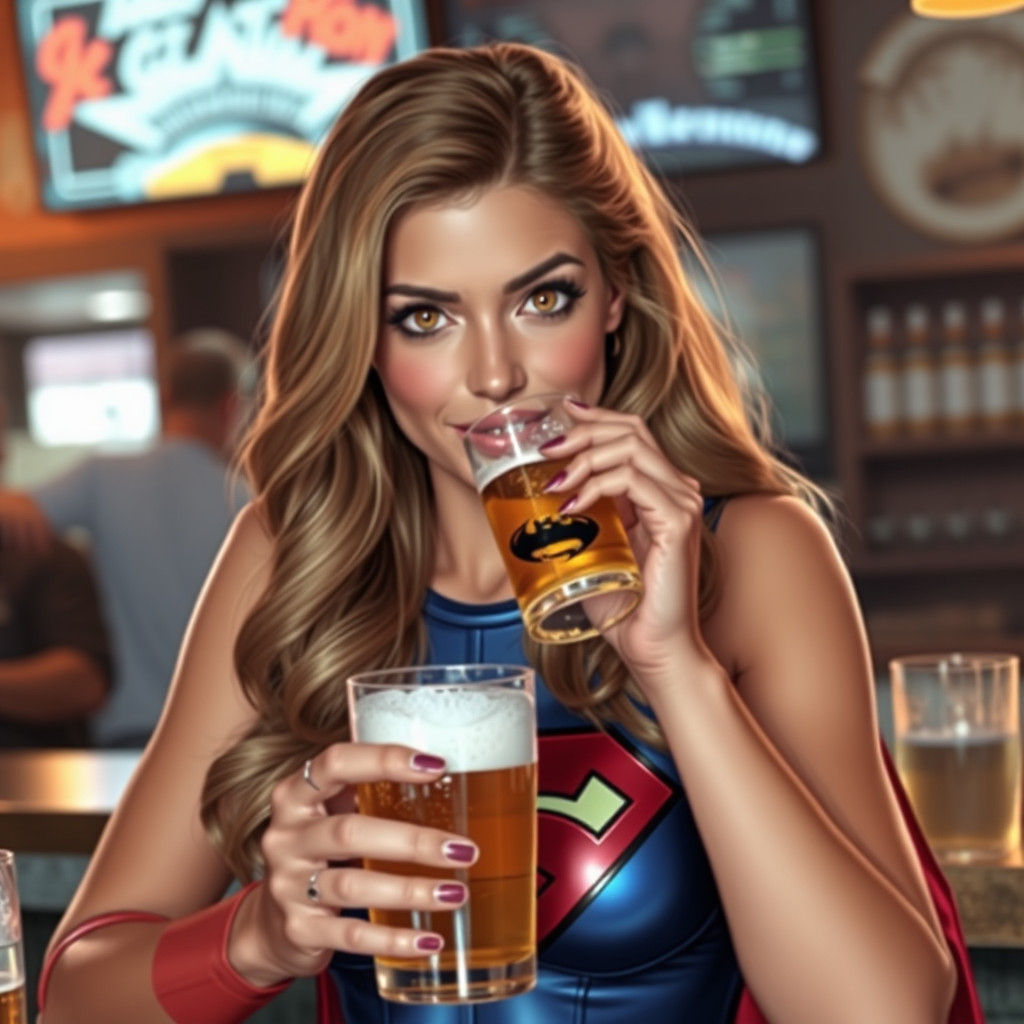 Hyperrealistic Supergirl Drinking Beer in a Bar