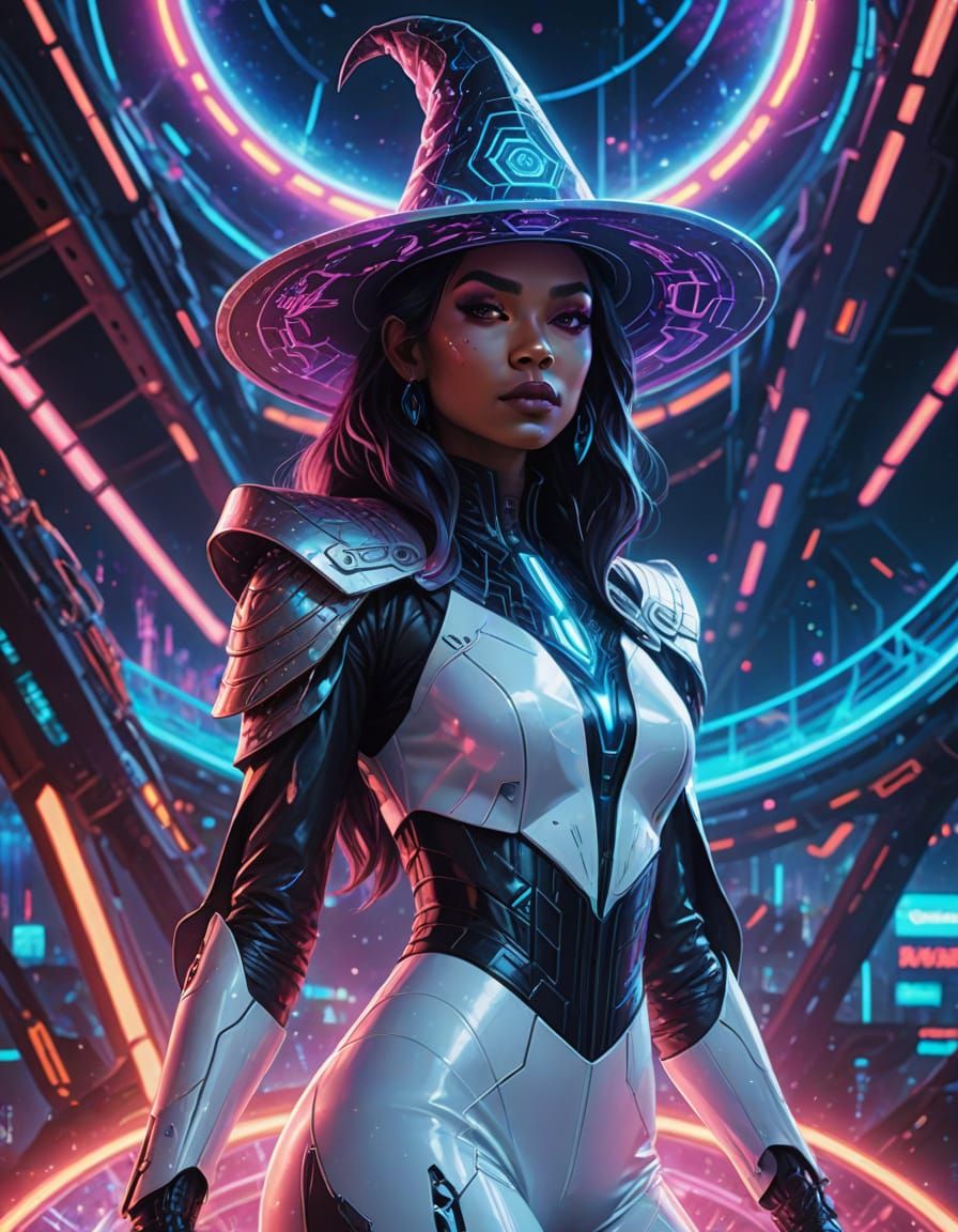 Regal Cyberpunk Sorceress in Electric Nebula