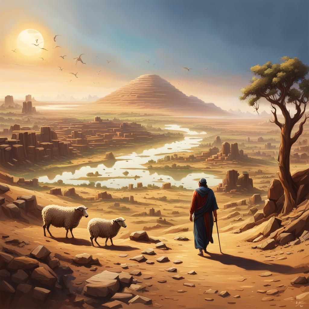 Desert Sheep Herder Under Bright Star, Hyperrealistic Art