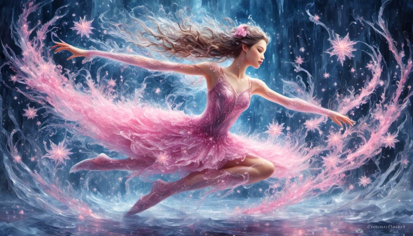 Ballerina Ice Skater on Snowy Lake in Watercolor Style