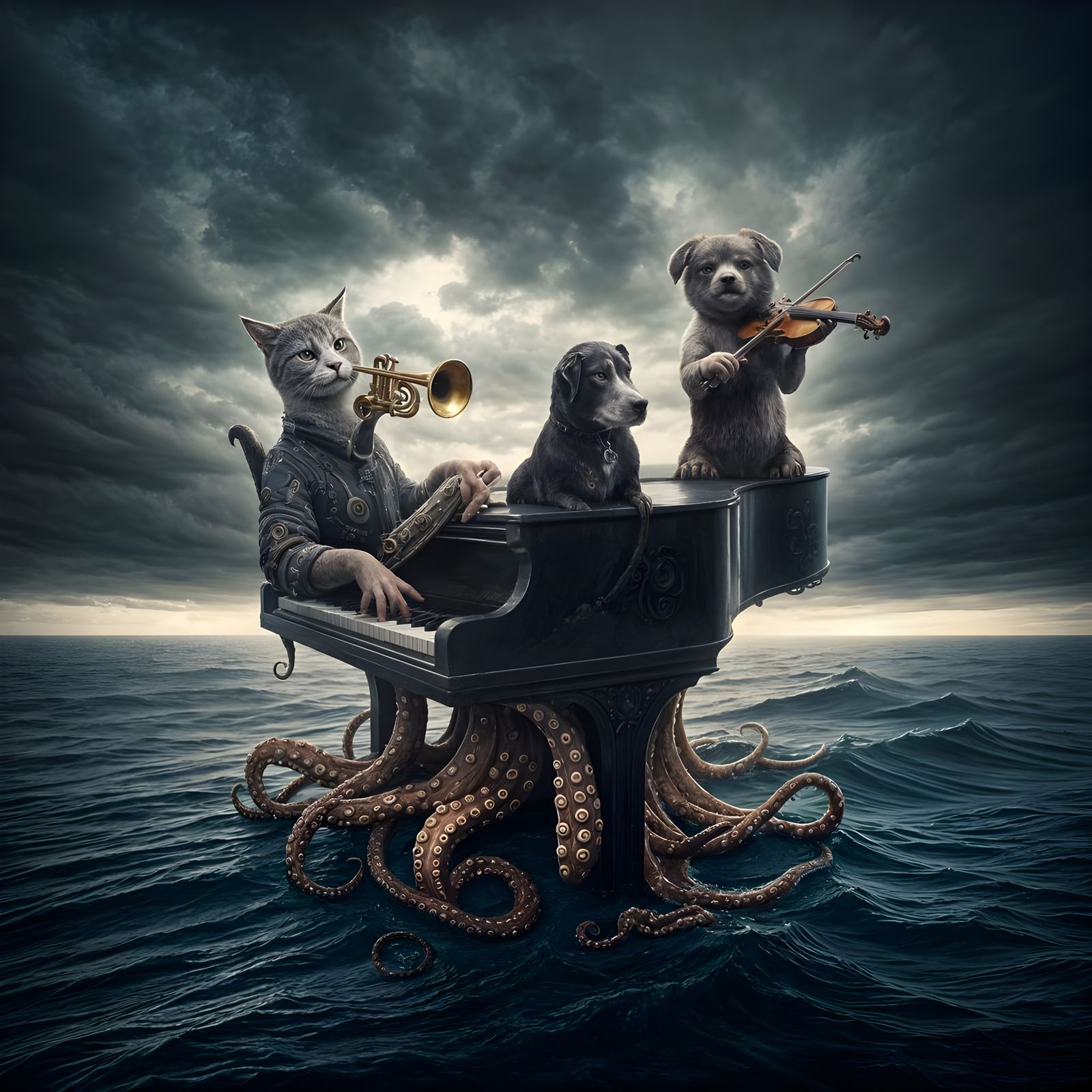 Daily Challenge #925: Surreal Art - Surreal image of animals playing instruments at sea