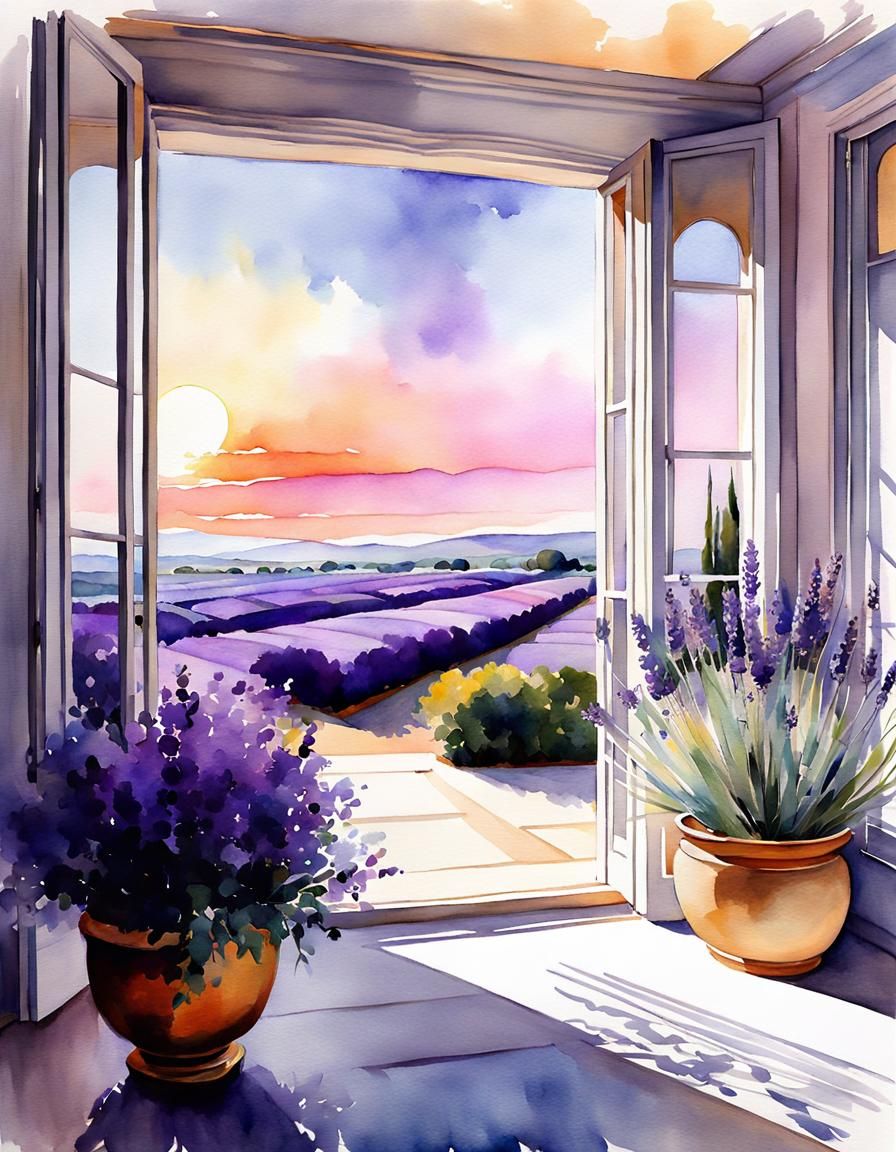Lavender Farm in French Provincial Watercolor Style