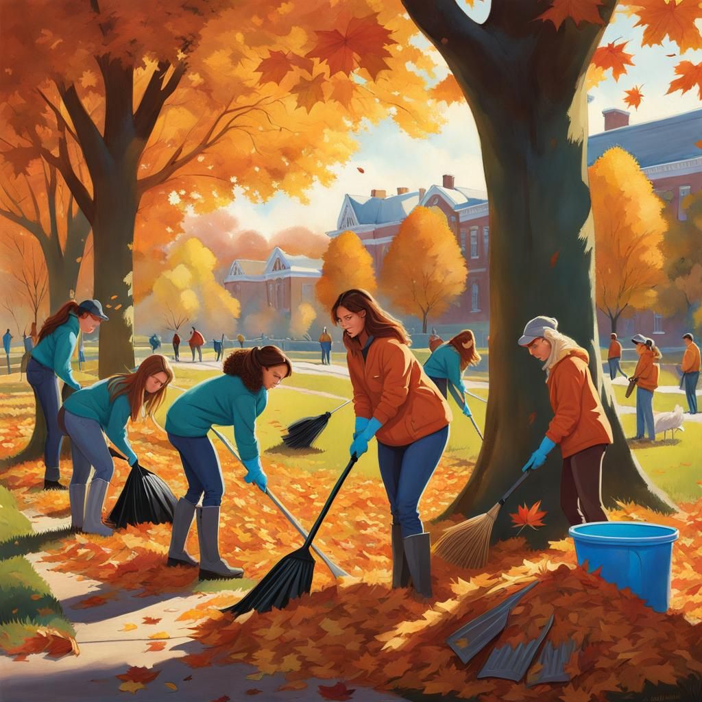 Volunteers Cleaning Park in Autumn: Detailed 8K Art