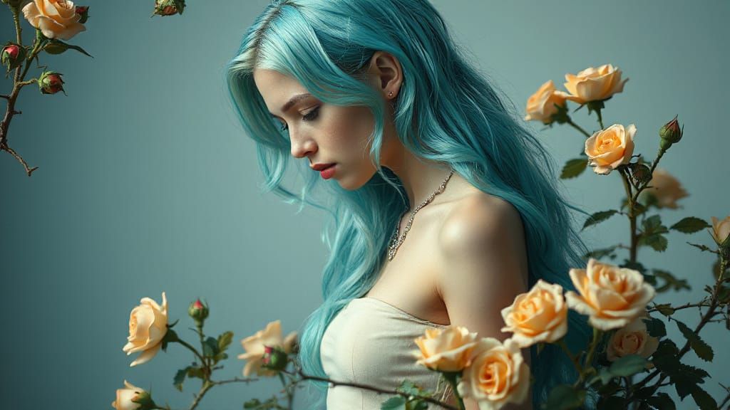 Contemplative Woman Portrait with Roses in Hyperrealistic St...