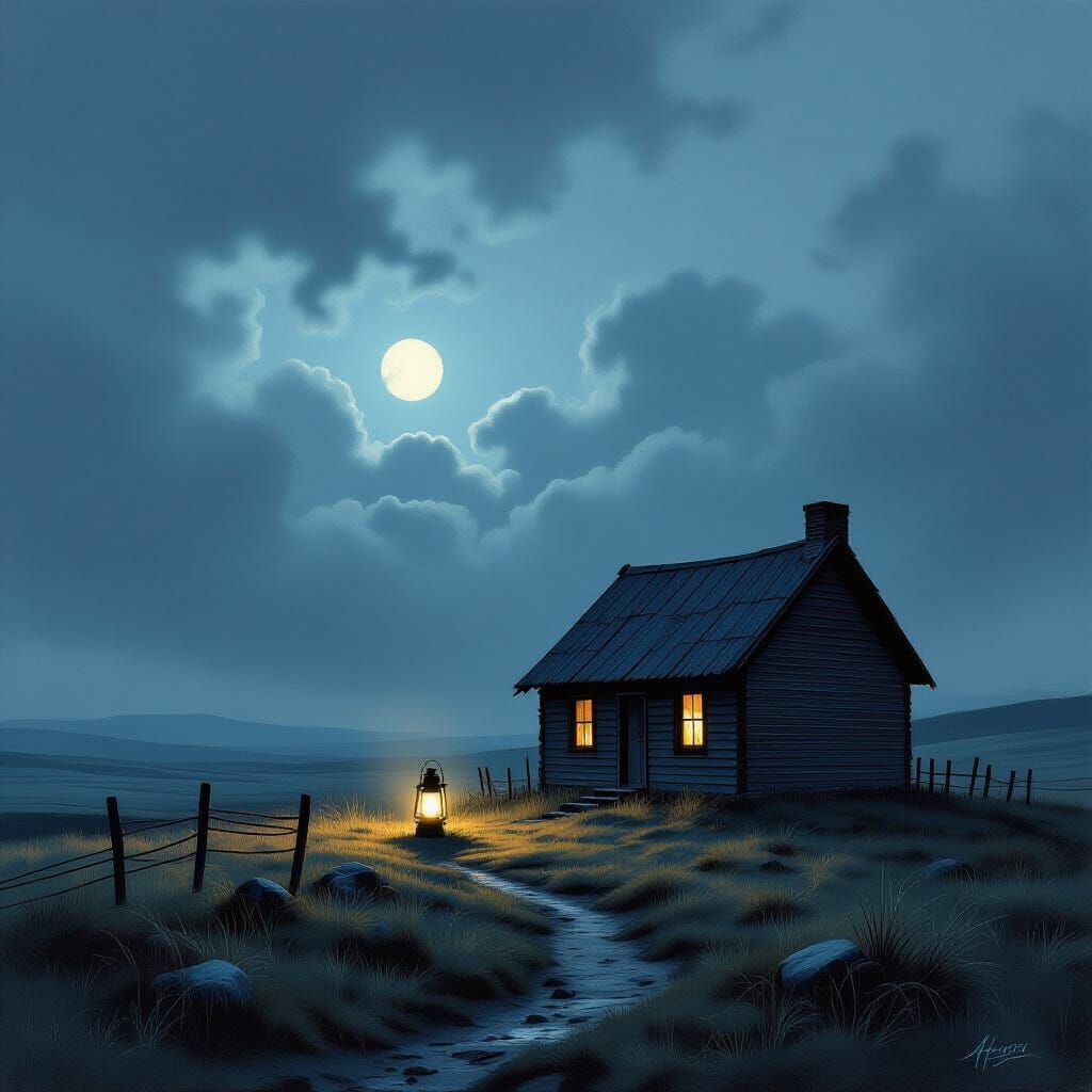 Isolated Cabin on Windswept Moor at Twilight