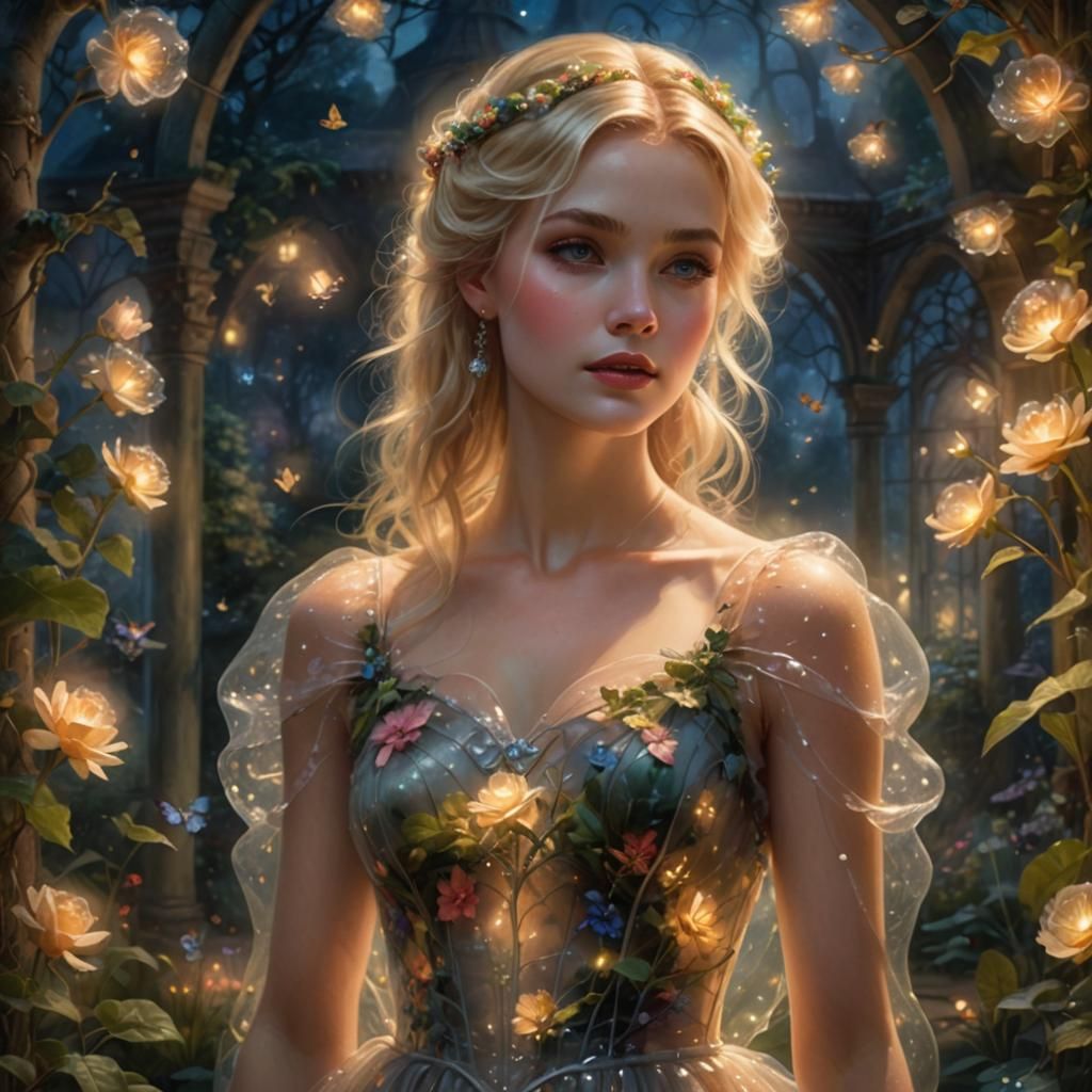 Ethereal Blond Girl in Night Garden