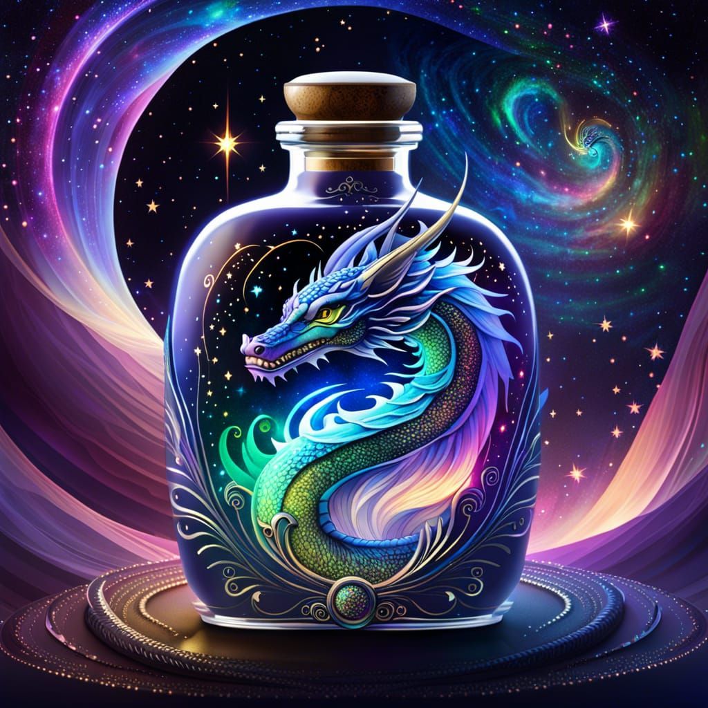 Victorian Bottle Encasing an Iridescent Cosmic Dragon