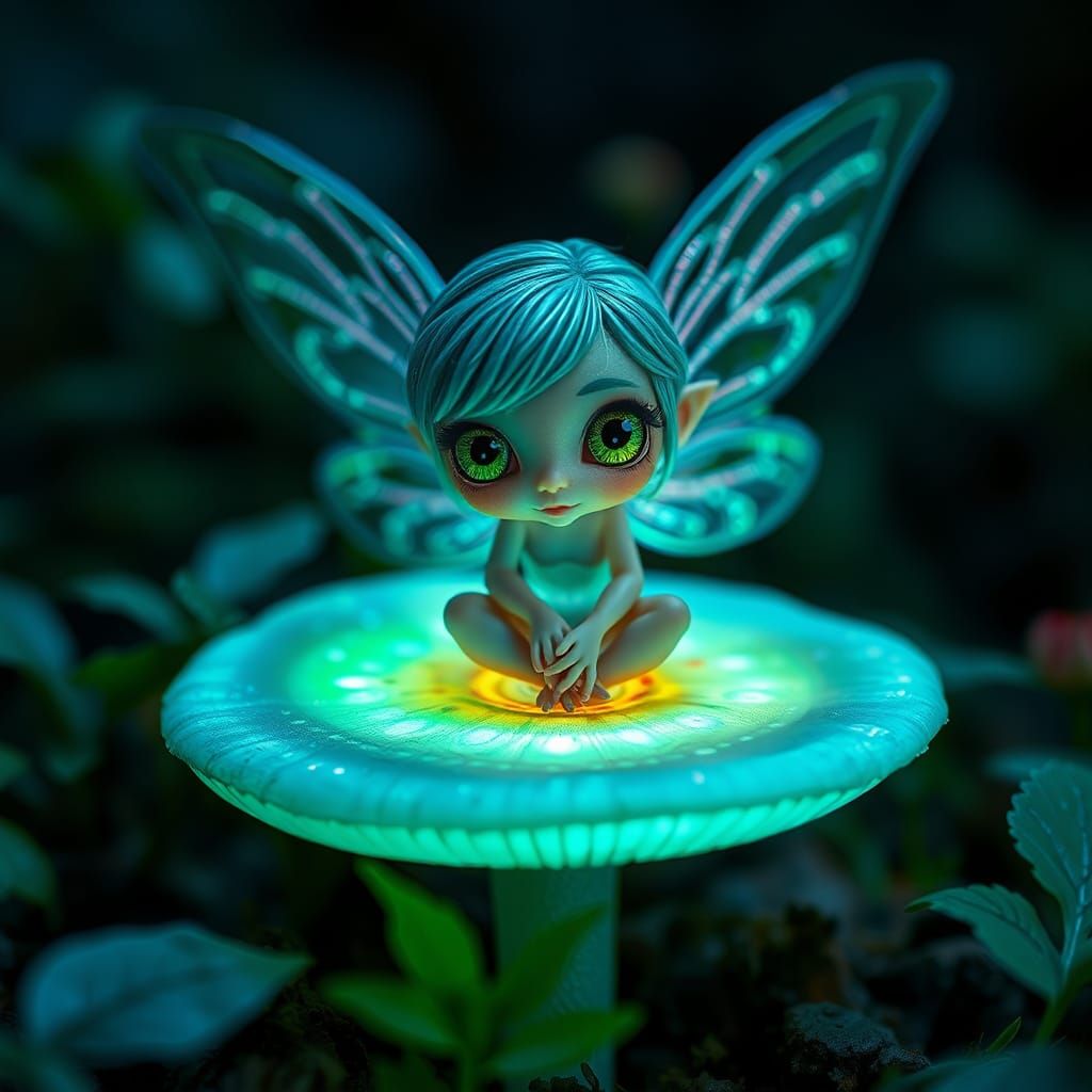 Fairy on Fluorescent Mushroom: Macro Photography