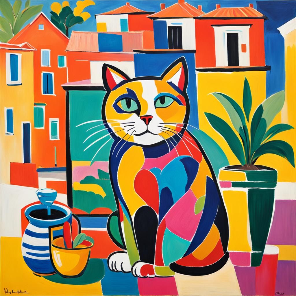 Fauvist Still Life: Colorful Cat by Village House