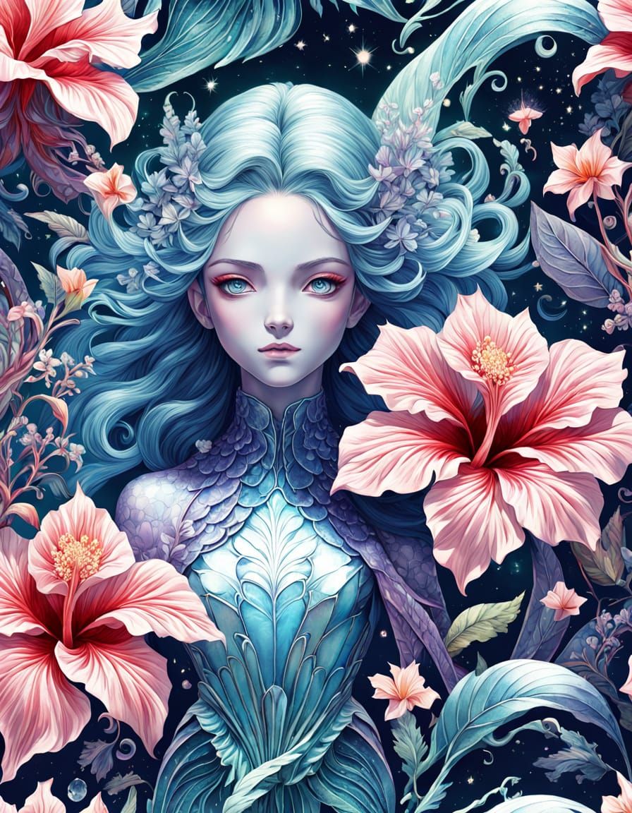 Anime Celestial Water Spirit with Crystal Hibiscus Flowers