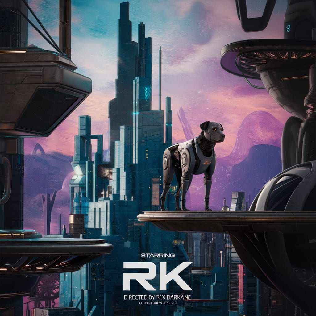 Robotic Dog Detective Movie Poster: Futuristic Cityscape