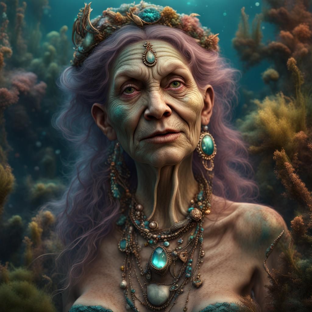 Hyperrealistic Ugly Old Mermaid with Jewelry
