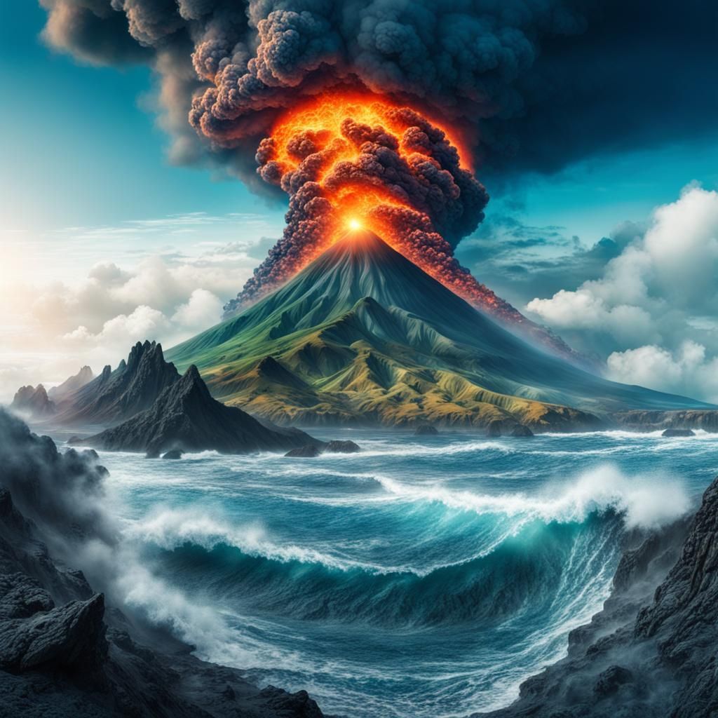 Mystical Volcanic Ocean: Double Exposure Panorama