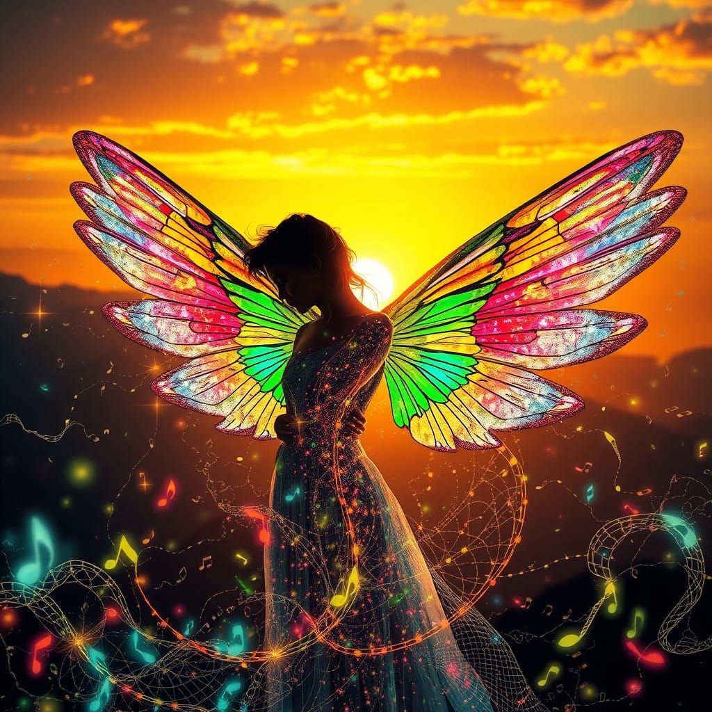 Rainbow Angel in Surreal Sunset Landscape