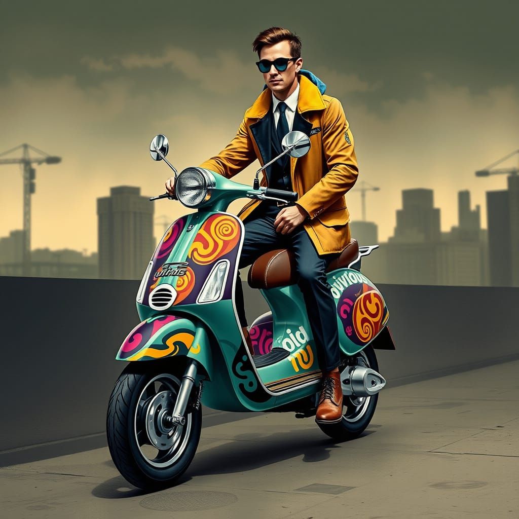 Mod wearing a parka on a mod scooter wrapped in "avoid the o...