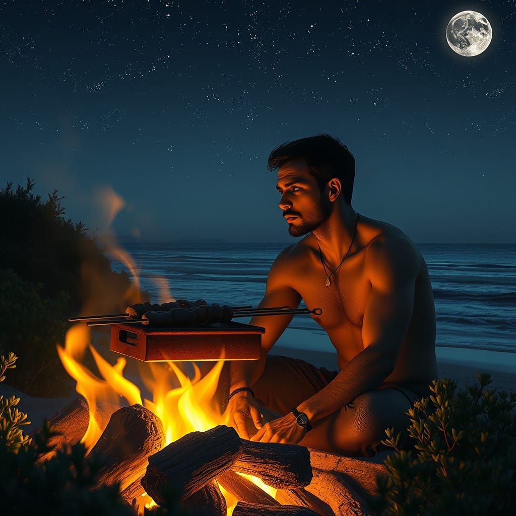 Peaceful Beach Campfire Scene Under a Twinkling Night Sky
