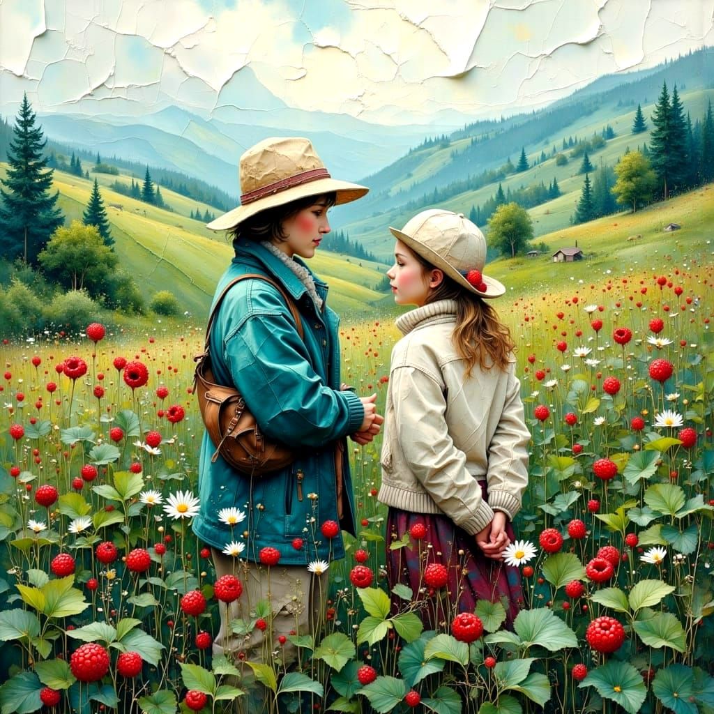 Impasto Landscape Painting with Figures Gathering Wild Berri...