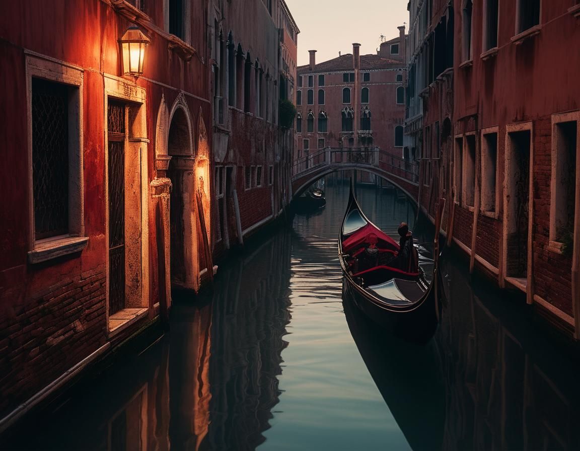 Motionless Gondola on Red Lit Canal, Venice