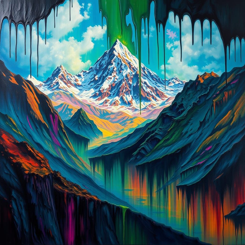 Ink Spill on Mountain: Dramatic Oil Painting